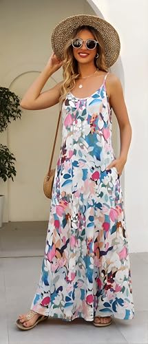 Image of Supnier Women's Summer Maxi Dress Casual V-Neck Sleeveless Bohemian Spaghetti Strap Floral Long Maxi Dress with Pockets