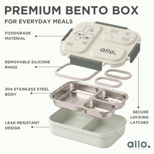 Image of Allo Bento Stainless Steel Lunch Box for Adult- BIS Approved, 304 Stainless Steel 3 Compartment Leakproof Tiffin Box for Boys and Girls for School, Travelling, Office, 740ml Green