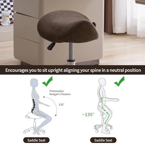 Image of FIRAVOE Saddle Stool, Swivel Saddle Stool with Wheels, Adjustable Rolling Stool 18 inch-26 inch, Faux Leather Rolling Stool for Salon, Massage, Clinic, Lab, Office (Tan, 1PCS (18 inch-26 inch))