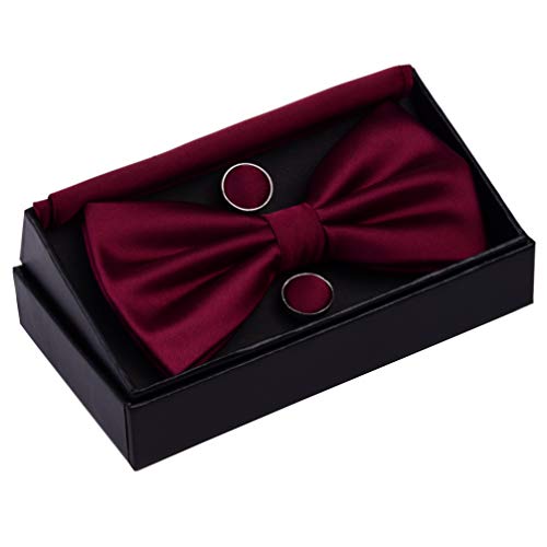 Image of GUSLESON Men's 3-pc Solid Color Bow Tie Gift Set - Double‑Fold Pre-Tied Bow Tie, Pocket Square, Cufflinks - Wedding Formal Party