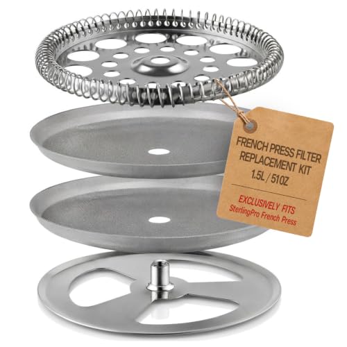 SterlingPro French Press Filter Replacement Kit 1.5L 51 oz - 4-Piece Stainless Steel Set with Mesh Screen, Spiral Disk, Cross Disk, French Press Screen Replacement, 304 Stainless Steel Mesh