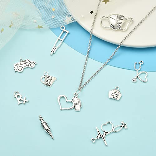 UR URLIFEHALL 100 Pcs 10 Styles Medical Supplies Charms Antique Silver Stethoscope Ambulance Nurse Cap Heart Charms for DIY Jewellery Making - Image 4