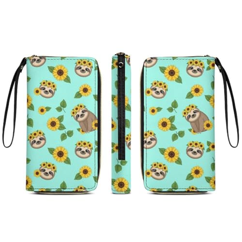 Large Capacity Slim Wallet for Women Waterproof Travel Long Purse Sunflower Sloth Credit Card Holder with Multiple Card Slots