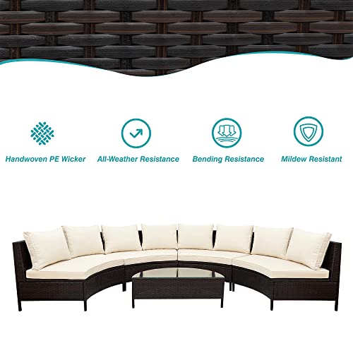 Merax Weather Brown Pe Rattan Wicker Outdoor Patio Sectional Furniture Half-Moon Sofa Set With Tempered Glass Table, Beige,5 Piece #TOP3