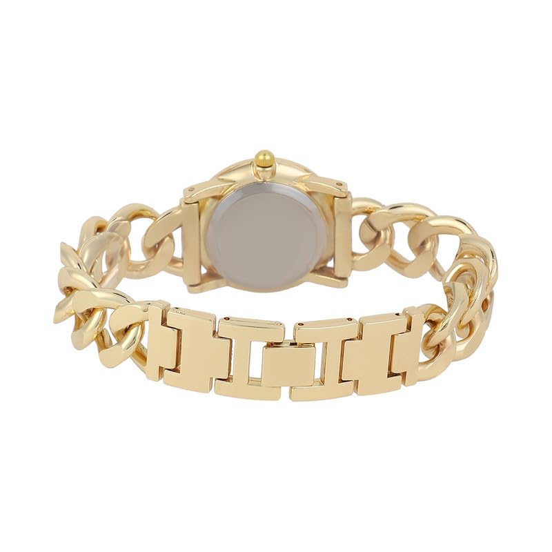 Image of Haute Sauce Women's The Sova Chainlink Round Watch | Gold Stainless Steel Strap | Emerald Green Dial | One-Size | Foldover Closure | Quartz | Analogue | Wrist Belt Watch for Female & Girls