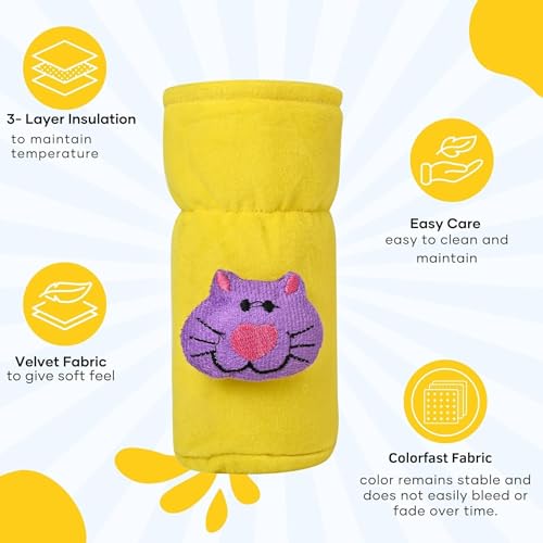 Image of Soft Plush Stretchable Baby Feeding Bottle Cover Easy to Hold Strap with Cute Animated Cartoon| Suitable for 60-125 Ml Feeding Bottle (Cream-Yellow)