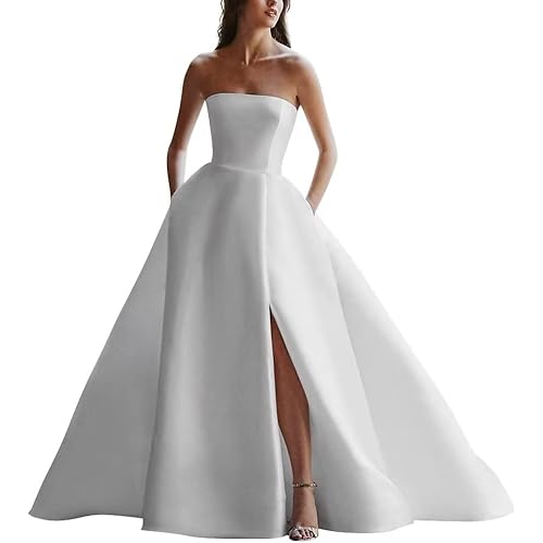 Monlity Strapless Satin Wedding Dresses for Bride with Slit Sleeveless Bridal Dresses Ball Gown for Wedding