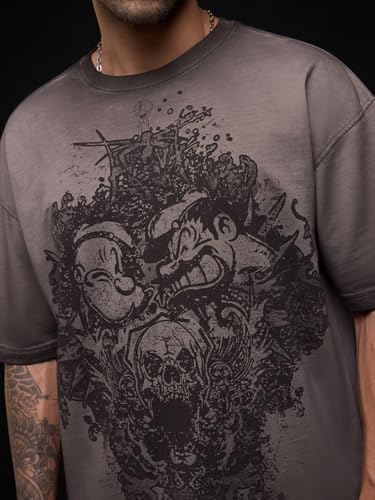 Image of The Souled Store Popeye: Skull Men and Boys Short Sleeves Round Neck Grey Graphic Printed Casual Drop Shoulder Lightweight Streetwear Cotton Oversized T-Shirt