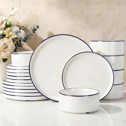 Image of Famiware Porcelain Dinnerware Set, 18-Piece Modern Plate and Bowl Set, dish set for 6, Microwave and Dishwasher Safe Tableware, White with Blue Trim