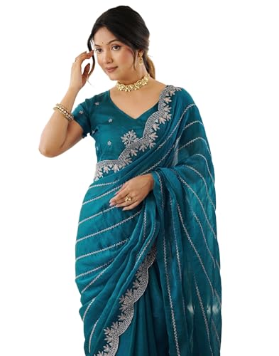 Image of SIRIL Women's Chiffon Scalloped Border Sequins Embroidery Saree with Unstitched Blouse Piece