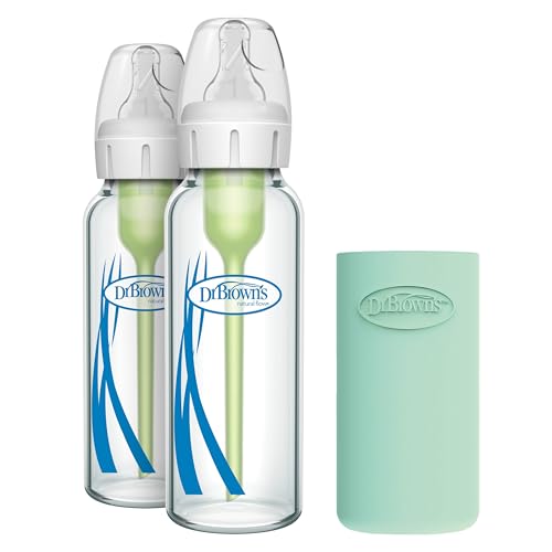 Image of Dr. Brown's Anti-Colic Options+ Narrow Glass Baby Bottle with Level 1 Slow Flow Nipple, BPA-Free, 8 oz/250 mL, 0m+, 2-Pack + Mint Bottle Sleeve
