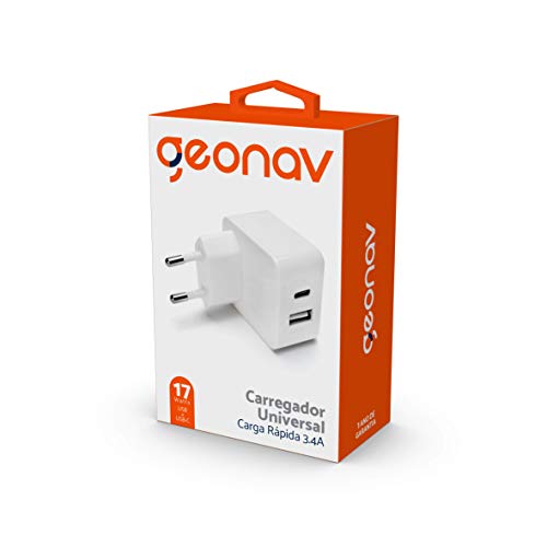 Carregador de parede universal 3.4A, 2 portas sendo 1 USB-C (tipo C) e 1 USB, 17Watts, carregamento