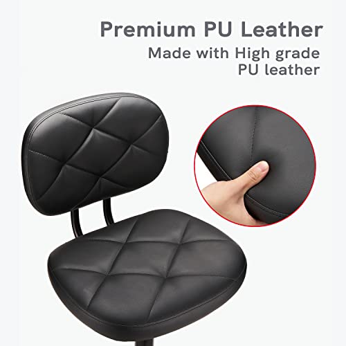 Image of KLASIKA PU Leather Rolling Stool with Back and Wheels, Adjustable Diamond Upholstered Drafting Stool, Multi-Purpose Desk Chair for Home Office Bar Kitchen Shop, Black (2PK)