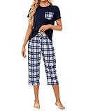 TeJoyce Pijama Corto de Algodón para Mujer de Verano, Ropa de Dormir de Dos Piezas Pantalón 3/4, Conjunto Manga Corta y Capri a Cuadros, Ropa de Casa Pirata Suave y Transpirable S-XXL