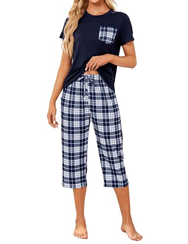 TeJoyce Pyjama Femme Court Été, Deux Pièces Vêtements de Nuit Rayonne, Ensembles Manches Courtes et Carreaux Pantalon 3/4 avec Poche, Léger et Respirant...