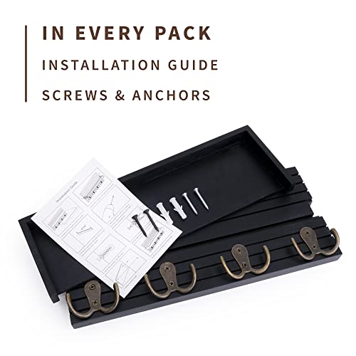 Naumoo Black Wooden Key Holder - Wall Mounted Mail Organizer And Key Hanger - Modern Farmhouse Entryway Shelf With 4 Double Brass Hooks - Decorative Rack For Car Keys, Wallet #TOP4