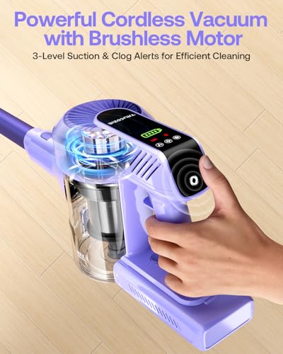 Image of Cordless Vacuum Cleaner, 40Kpa 45Mins Vacuum Cleaners for Home, 8-in-1 Lightweight Stick Vacuum with Powerful Suction, Anti-tangle Wireless Vacuum for Carpet, Tile, Pet Hair, Hardwood Floors, Purple
