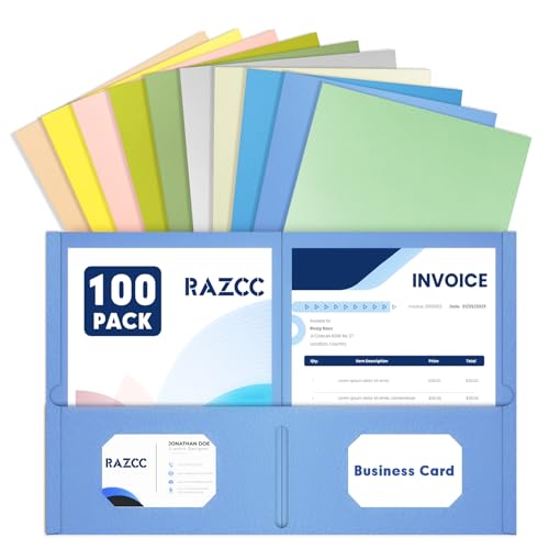 Two Pocket Folders, RAZCC 100 Pack File Folders with Pockets Fit Letter Size Paper, Thick Paper File Folder for School Office Business Home, Assorted 10 Colors