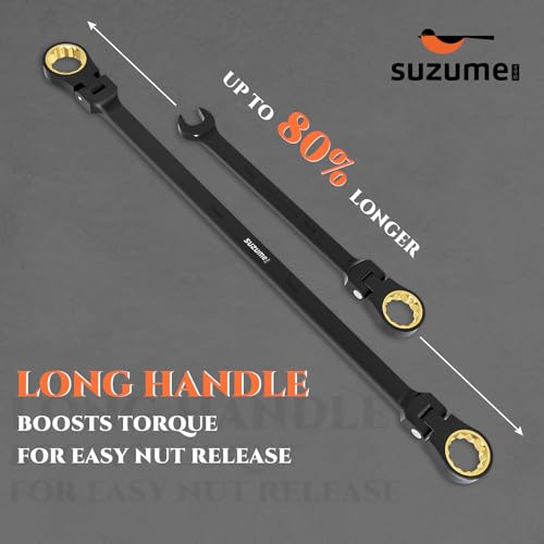 Image of SUZUME Extra Long Flex Head Ratcheting Wrench 8-9mm Metric Double Box End 180 Flexible Head 72-Tooth 15K Gear Tested CR-V Steel Black Chrome Finish For Engine Small Machinery Repair & DIY