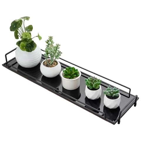HAIGOUER Rectangular Mirror Tray with Glass Shelf, 24 Inches, Black Vintage Glass Tray, Glass Decorative Mirror Tray, Cosmetic Tea Cups Small Greenery Storage for Bathroom Dining Table Dresser Cover