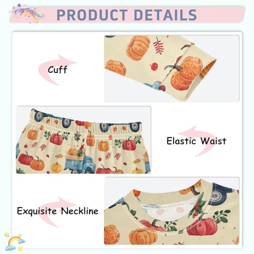 Fustylead Vintage Blue Harvest Car and Pumpkin Berry Leaves Long Sleeve Top and Matching Bottom Cotton Pajama Sets4