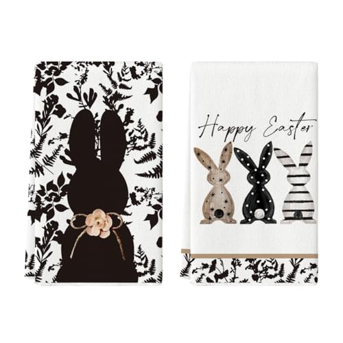 Artoid Mode Schwarz Hasen Kaninchen Blumen Frohe Ostern Blätter Küchentücher Geschirrtücher, 42x65 cm Frühling Easter Dekoration Polyester Handtücher 2er Set