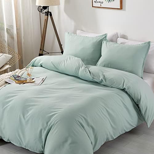 ALAZURIA Bedding Duvet Cover 3 Piece Set 100% Washed Microfiber-Ultra Soft Breathable Hypoallergenic with Zipper Closure (1 Comforter Cover + 2 Pillow Shams) Green Tea Matcha, Queen