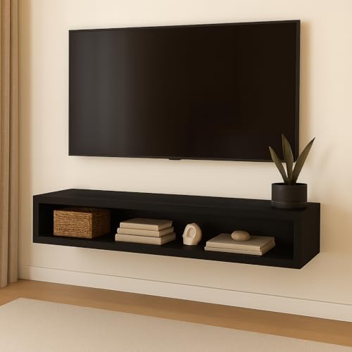 Image of Solid Wood Entertainment Floating Tv Unit for Living Room | Floating Media Tv Cabinet | Natural Finish Color and Size Off (Black, Large 115 CM)