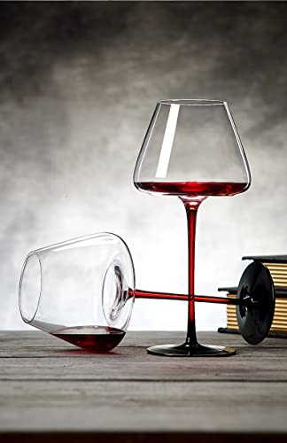 Hand Blown Red Wine Glasses Set Of 2, Burgundy Wine Glasses, Lead-Free Premium Crystal Clear Glass, Smooth Rim Large Capacity, Red Stems Waveform Bottom, 24 Fl-Oz #TOP2