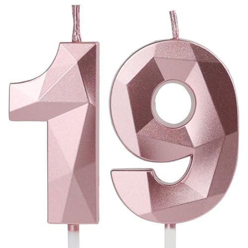 Number 19 Candles, 19th Birthday Candles, Rose Gold Happy Birthday Candle for Cake,3D Design Cake Topper Decorations for Boy Girl Woman Birthday Party Wedding Anniversary Celebration Supplies
