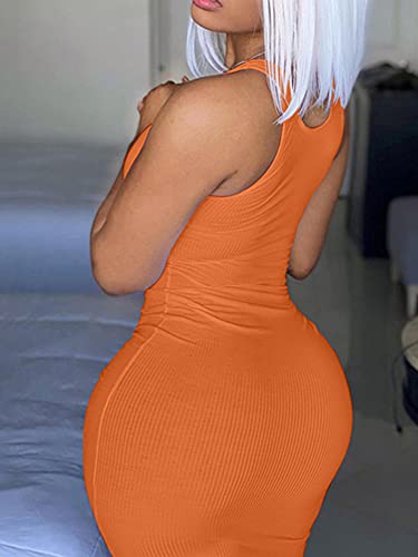 Mulisky Women's Casual Basic Pencil Tank Dress Deep V Neck Sexy Sleeveless Bodycon Short Club Dress Orange M #TOP3