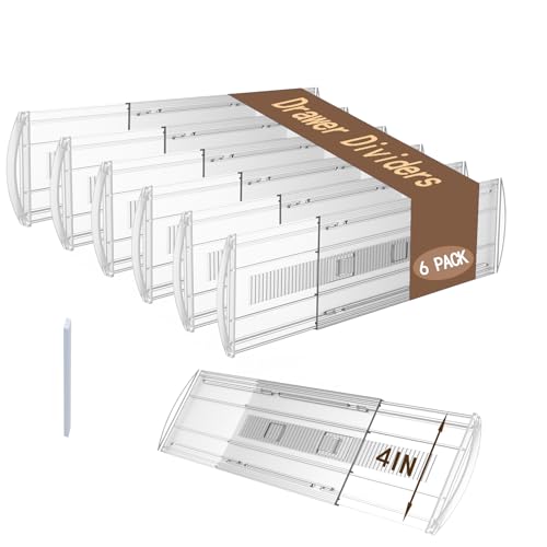 SPEREELER 6 Pack Adjustable Drawer Dividers for Clothes,4" High Expandable From 13-21" Clear Drawer Organizers, PC Plastic Separators for Dresser/Bedroom/Bathroom/Kitchen/Office Storage
