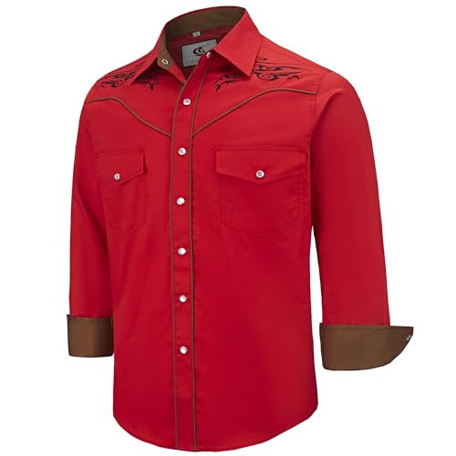COEVALS CLUB Mens Cowboy Western Shirts Embroidered Cotton Long Sleeve Pearl Snap Button Up Shirt with Chest Pockets, Pattern1 Red, XL