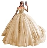 Mouccy Beaded Champagne Quinceanera Dresses Ball Gown Petite Puffy off Shoulder Quince Gowns with Train Lace Sweet 15 16 Dresses 2