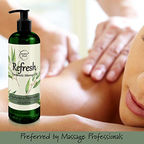 Refresh Massage Oil With Eucalyptus & Peppermint Essential Oils - Great For Massage Therapy. All Natural Muscle Relaxer. Ideal For Full Body Massage – Nut Free Formula 16Oz #TOP1