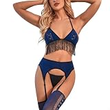 FRENZCOY Blue Sexy Lingerie Tassels for Women Bra Socks and Panty 3 Piece Lingerie Set