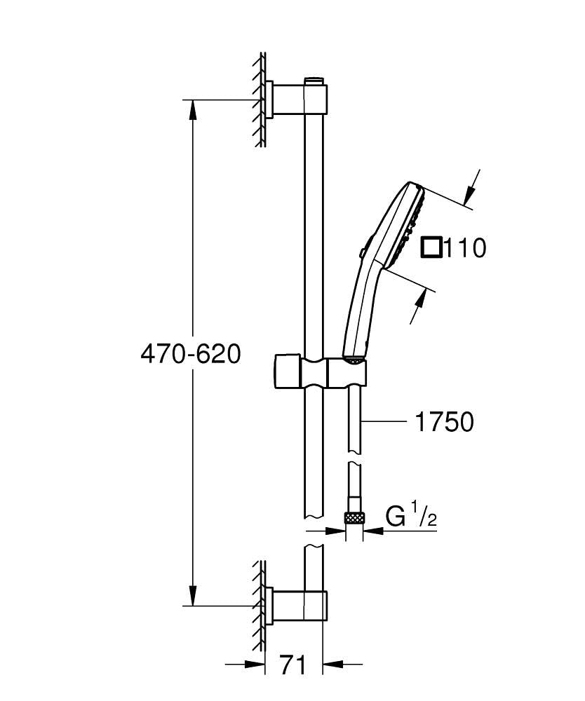 GROHE Vitalio 110 - Conjunto de ducha con barra (ahorro de agua 8L/min), teleducha de 2 chorros, flexo 1,75m y barra 60cm, montaje para pegar o atornillar, eckig (cuadrado), cromo, 26398001