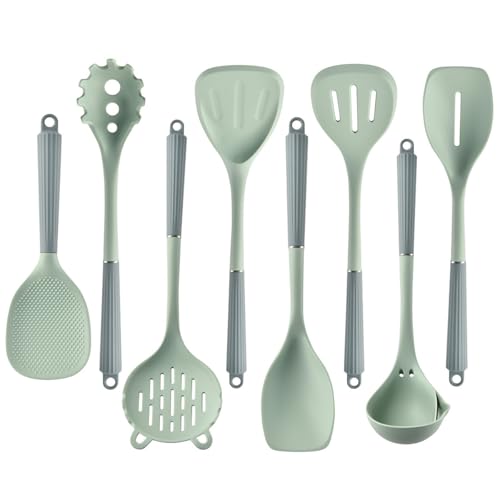 Green Silicone Cooking Utensils Set 8-Piece Heat Resistant Cooking Tools Gadgets Set Non Stick Silicone Spatulas Soup and Oil Separating Ladle Rice Spoon Kitchen Utensils