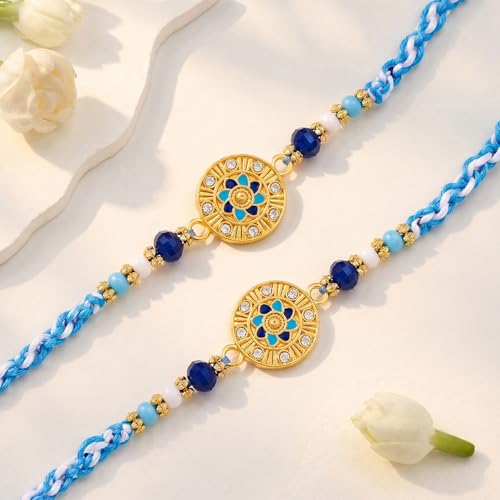 Image of Peora Rakhshabandhan Thread Rakhi for Brother Bhaiya | Kundan Beads & Crystal Studded | Combo Set of 2 | Rakhi Hamper Roli Chawal & Greeting Card