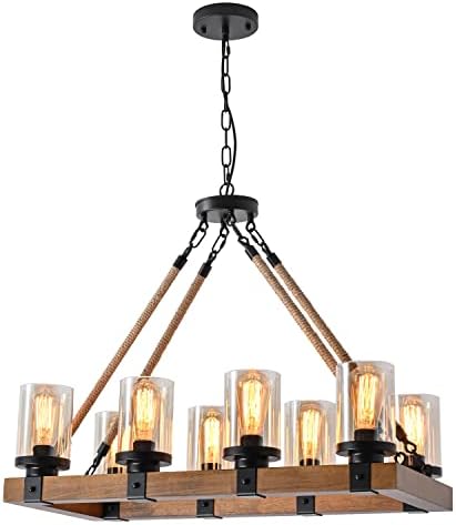 8-Light Farmhouse Chandelier Kitchen Island Light Fixture, Wood Chandeliers, Candle Pendant Light, Glass Lodge and Tavern Pendant Lighting 480W Max (Bulb Not Included)