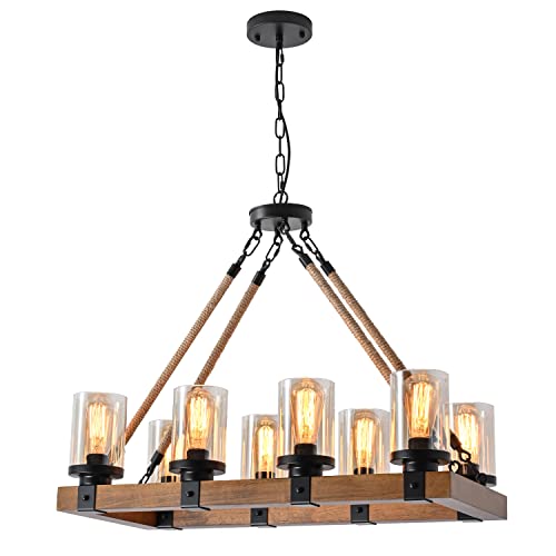 8-Light Farmhouse Chandelier Kitchen Island Light Fixture, Wood Chandeliers, Candle Pendant Light, Glass Lodge And Tavern Pendant Lighting 480W Max (Bulb Not Included) #TOP1