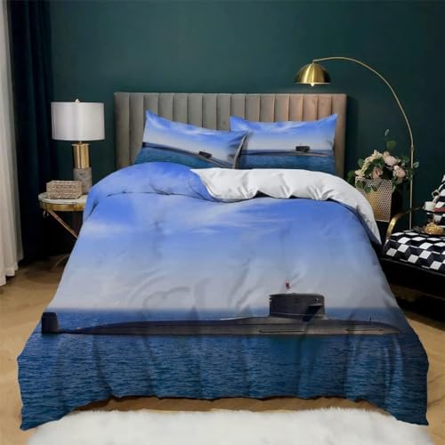 Bettwäsche 135x200 U-Boot Bettwäsche-Sets Blaues Meer 3D Druck Bettbezug U-Boot Weiche Mikrofaser 3 Teilig Bettbezüge mit Reißverschluss & 2 Kissenbezug 80x80cm H2419