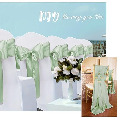 Pesonlook 120 PCS Sage Green Satin Chair Sashes Bows Satin Chair Sashes Universal Chair Cover for Wedding Reception Restaurant Event Decoration Banquet,Party,Hotel Event Decorations (7 x 108 inch) - Thumbnail 6