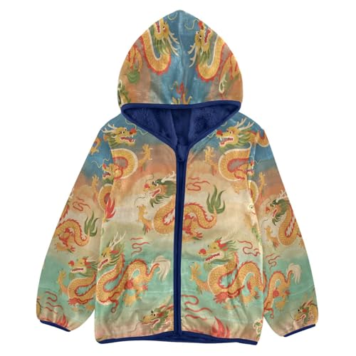 Dragon Pattern with Sky Toddler Fleece Jacket Girl Boys Hooded Fleece Jacket Coat Warm Outwear Zip-up 3-10T