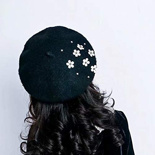 Orityle Girls Winter Wool Beret Classic French Style Beanie Princess Dome Hats Caps With Flower Black #TOP1