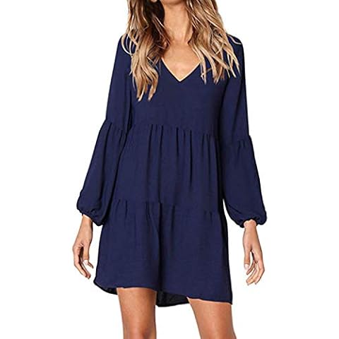 kenoce Women Casual V Neck Long Sleeve Swing Dress Pleated Ruffle Tunic T-Shirt Dress Plain Loose Mini Dresses Navy L/UK 14-16 Cover