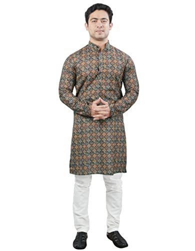 Herren Kurta Pyjama Baumwolle bedruckt Indische Party Wear Traditionelles Kleid Ethno Churidhar Set für Hochzeiten, braun, XXL Cover