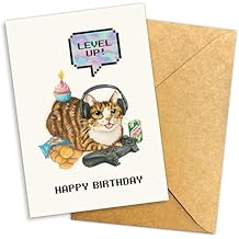 Cat Gamer Level Up Happy Birthday Greeting Card, Gaming Birthday Gift for Boyfriend, Girlfriend, Son, Daughter, Brother, Sister, Friend, Teen, Kid, Him, Her, Party Celebration