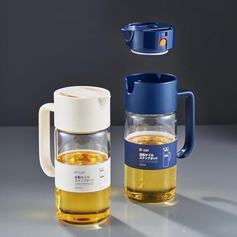 liflicon Olive Oil Dispenser Bottle for Kitchen, Drip Free Spout Cooking Oil Dispenser Bottle, Auto Flip Vinegar and Soy Sauce Cooking 18.5 oz Glass Oil Dispenser Bottle-NBlue & White Cover