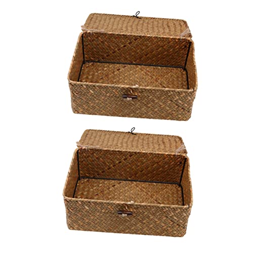 PartyKindom 2 piezas Cesta de Almacenamiento Tejida de Marina con Tapa de Unidades Organizador Multifuncional para Maquillaje y Ropa Mediano Diseño Decorativo para Hogar y Oficina